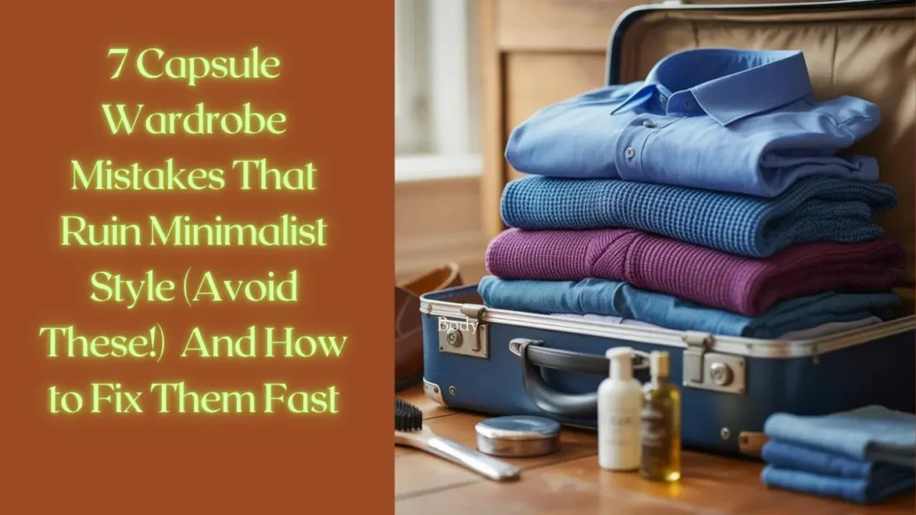 Women's fashion Pinterest pin titled "7 Capsule Wardrobe Mistakes That Ruin Minimalist Style (Avoid These!) And How to Fix Them Fast." The image displays a brown background on the left with bright green text. The right side features a blue suitcase packed with neatly folded clothes, including a light blue collared shirt, a textured blue sweater, and a purple garment. Travel accessories like toiletries, a brush, and a tin container sit on the wooden surface in front of the luggage.