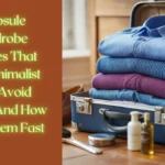 Women's fashion Pinterest pin titled "7 Capsule Wardrobe Mistakes That Ruin Minimalist Style (Avoid These!) And How to Fix Them Fast." The image displays a brown background on the left with bright green text. The right side features a blue suitcase packed with neatly folded clothes, including a light blue collared shirt, a textured blue sweater, and a purple garment. Travel accessories like toiletries, a brush, and a tin container sit on the wooden surface in front of the luggage.