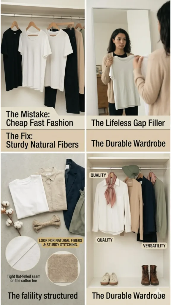 Women's fashion infographic layout from the file "Buying Cheap Fast Fashion to “Fill Gaps”.webp". It contrasts common mistakes with durable solutions for building a Capsule Wardrobe. Panels show "The Mistake: Cheap Fast Fashion" with thin shirts, and a sad woman holding a tee labeled "The Lifeless Gap Filler." The bottom sections present "The Fix: Sturdy Natural Fibers," highlighting high-quality fabrics, close-up stitching, and a "Durable Wardrobe" closet with well-made clothes and leather boots.