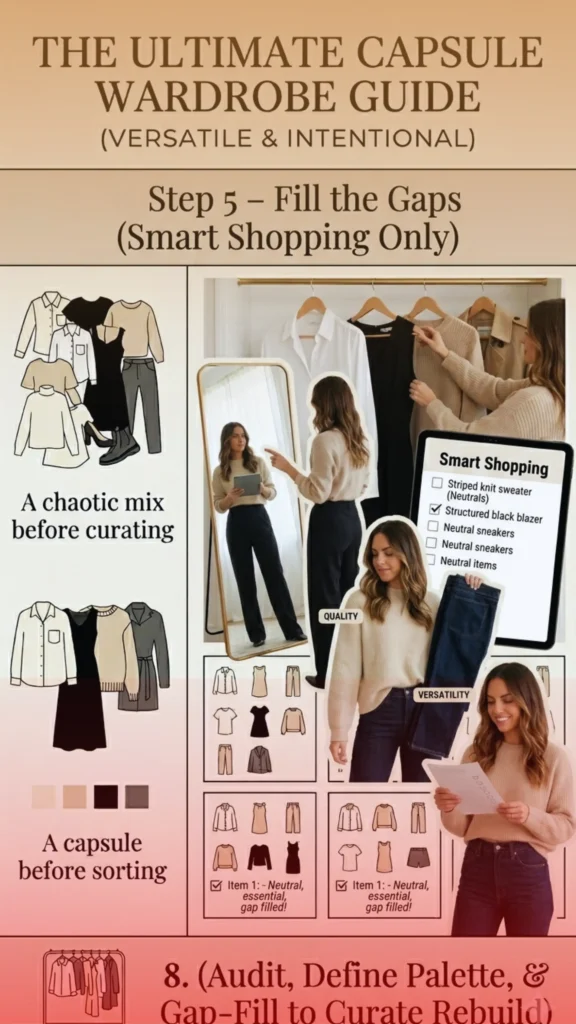 Women's fashion infographic titled "The Ultimate Capsule Wardrobe Guide: Step 5 – Fill the Gaps (Smart Shopping Only)." It features a woman organizing neutral clothes on a rack and looking in a mirror. A digital tablet shows a "Smart Shopping" checklist with items like a structured black blazer. Below, outfit grids are labeled "gap filled!" The layout highlights quality and versatility with basic pieces, contrasting a chaotic closet mix with a curated minimalist color palette.
