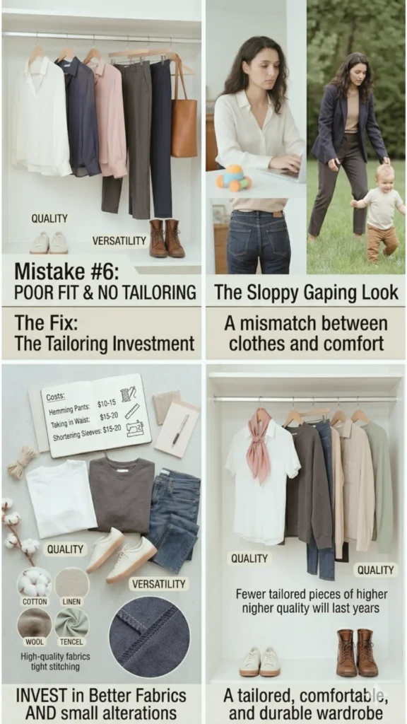 Women's fashion infographic layout from the file "Forgetting About Fit and Tailoring.webp". It outlines mistakes in fit when building a Capsule Wardrobe. Panels show "Mistake #6: POOR FIT & NO TAILORING" and "The Sloppy Gaping Look," contrasted with "The Fix: The Tailoring Investment." The bottom sections promote "INVEST in Better Fabrics AND small alterations," showcasing tailoring costs, fabric icons like linen and tencel, and a neatly curated, well-fitting closet.