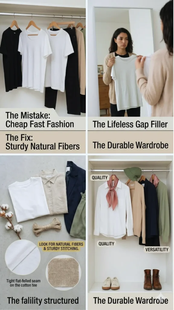 Women's fashion infographic layout from the file "Giving Up After One “Failed” Attempt.webp". It contrasts common mistakes with durable solutions for building a Capsule Wardrobe. Panels show "The Mistake: Cheap Fast Fashion" with thin shirts, and a sad woman holding a tee labeled "The Lifeless Gap Filler." The bottom sections present "The Fix: Sturdy Natural Fibers," highlighting high-quality fabrics, close-up stitching, and a "Durable Wardrobe" closet with well-made clothes and leather boots.
