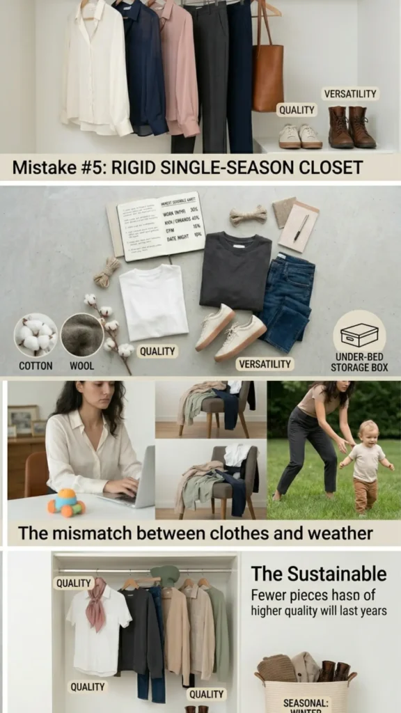 Women's fashion infographic layout from the file "_Having No System for Seasonal Swaps.webp". It highlights seasonal mistakes when building a Capsule Wardrobe. Panels show "Mistake #5: Rigid Single-Season Closet" and "The mismatch between clothes and weather," featuring a woman working on a laptop and playing outside. Other sections showcase solutions using a flat lay with cotton and wool fabrics, an under-bed storage box icon, and a sustainable, high-quality, organized closet with seasonal baskets.