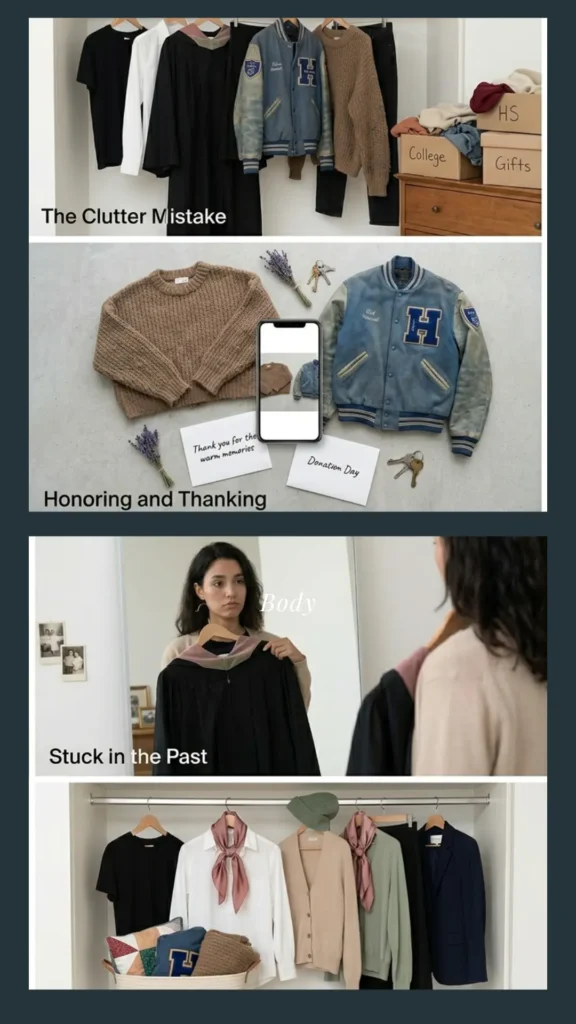 Women's fashion infographic layout from the file "_Keeping “Sentimental” Clothes That Don’t Fit.webp". It shows a guide on clearing clutter for a Capsule Wardrobe. Panels contrast "The Clutter Mistake" of hanging old graduation gowns and varsity jackets next to storage boxes labeled "College" and "Gifts," with a "Honoring and Thanking" section for donating. A sad woman in a mirror is labeled "Stuck in the Past," leading to a final neat closet organized with wearable, stylish clothing.