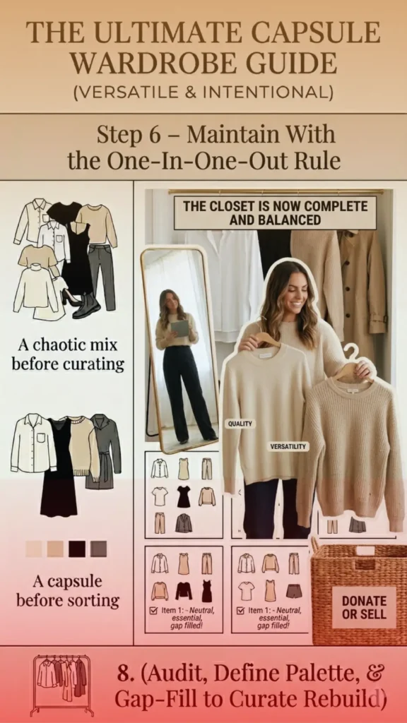 Women's fashion infographic titled "The Ultimate Capsule Wardrobe Guide: Step 6 – Maintain With the One-In-One-Out Rule." A woman holds up two beige knit sweaters labeled "Quality" and "Versatility" next to a "Donate or Sell" wicker basket. A mirror reflection shows her holding a tablet in front of a neat clothing rack labeled "The closet is now complete and balanced." Includes a neutral color palette, icon grids of minimalist outfit layouts, and a "Curate Rebuild" banner.