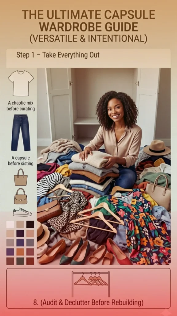 Women's fashion infographic titled "The Ultimate Capsule Wardrobe Guide: Step 1 – Take Everything Out." A smiling woman sits on the floor surrounded by a large pile of colorful clothes, folding sweaters in front of an empty white closet. The layout features decluttering prompts like "Audit & Declutter Before Rebuilding," icons of a t-shirt, jeans, and bags, wooden hangers, a leopard print garment, a floral dress, and a neutral color palette grid at the bottom left.