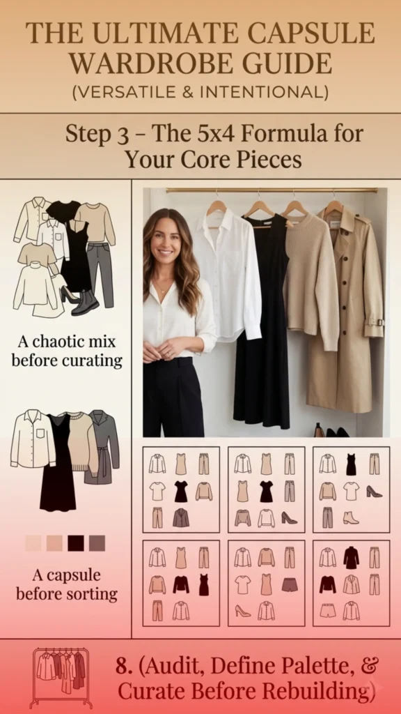 Women's fashion infographic titled "The Ultimate Capsule Wardrobe Guide: Step 3 – The 5x4 Formula for Your Core Pieces." A smiling woman stands next to a clothing rack displaying a white button-down shirt, a black dress, a beige knit sweater, and a tan trench coat. The image contrasts "a chaotic mix before curating" with "a capsule before sorting," showing a neutral color palette and grids of minimalist outfit combinations combining basic tops, trousers, and skirts.