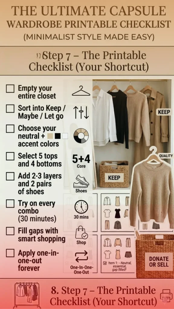 Women's fashion infographic titled "The Ultimate Capsule Wardrobe Printable Checklist" featuring a step-by-step guide: empty closet, sort items, choose colors, select tops/bottoms, try combinations, and fill gaps. Visuals show a neat clothing rack with a trench coat, white shirt, and sweaters labeled "KEEP," alongside flat lay outfit combinations and a "Donate or Sell" basket. This handy guide simplifies minimalist styling and wardrobe building.