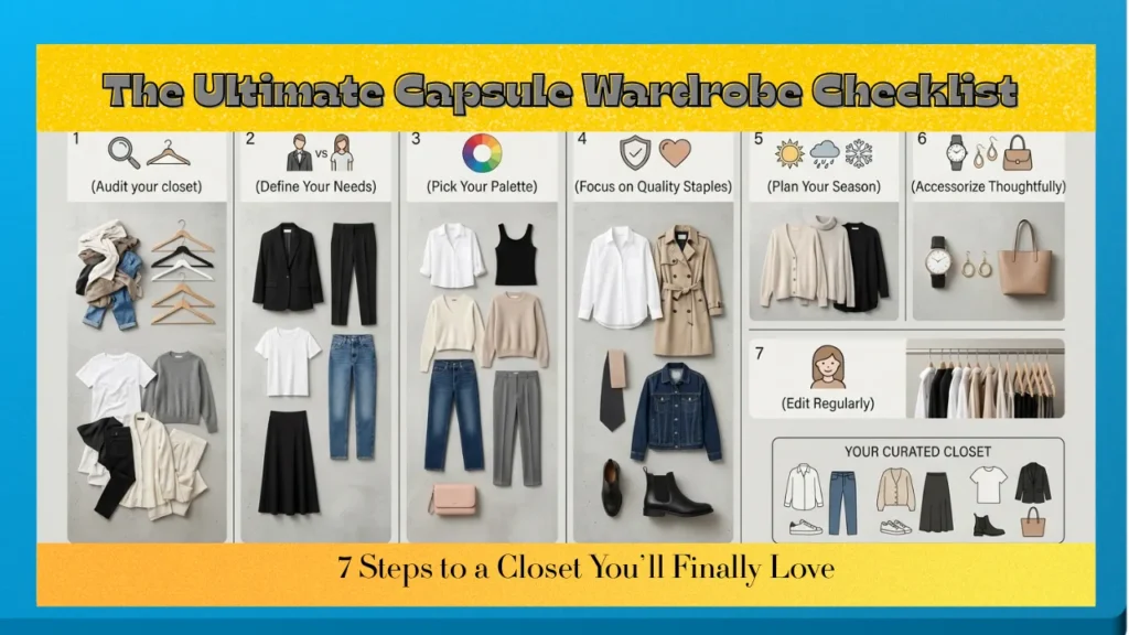 Women's fashion infographic titled "The Ultimate Capsule Wardrobe Checklist" with a yellow and blue border. It shows 7 steps to a minimalist closet: 1. Audit your closet, 2. Define your needs, 3. Pick your palette, 4. Focus on quality staples, 5. Plan your season, 6. Accessorize thoughtfully, and 7. Edit regularly. Visual flat lays display timeless clothing items like a white button-down shirt, trench coat, denim jacket, black skirt, neutral sweaters, ankle boots, and a tote bag.