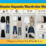 Women's fashion infographic titled "The Ultimate Capsule Wardrobe Checklist" with a yellow and blue border. It shows 7 steps to a minimalist closet: 1. Audit your closet, 2. Define your needs, 3. Pick your palette, 4. Focus on quality staples, 5. Plan your season, 6. Accessorize thoughtfully, and 7. Edit regularly. Visual flat lays display timeless clothing items like a white button-down shirt, trench coat, denim jacket, black skirt, neutral sweaters, ankle boots, and a tote bag.