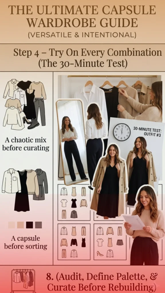 Women's fashion infographic titled "The Ultimate Capsule Wardrobe Guide: Step 4 – Try On Every Combination (The 30-Minute Test)." A woman is shown looking in a full-length mirror wearing a white button-down and black trousers. Other photos show her styling a black dress with a tan trench coat and a beige sweater. Includes a clock icon, grids of minimalist outfit combinations, and a bottom banner prompting to "Audit, Define Palette, & Curate Before Rebuilding."