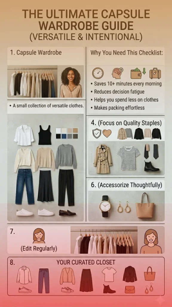 Women's fashion infographic titled "The Ultimate Capsule Wardrobe Guide (Versatile & Intentional)." It outlines the benefits of a minimalist closet, like reducing decision fatigue, alongside flat lay styling steps. Visuals showcase high-quality staple pieces: a white button-down, neutral sweaters, a black slip skirt, a striped tee, a tan trench coat, black ankle boots, and white sneakers. Sections also focus on thoughtful accessories like a watch, gold earrings, and a tote bag.