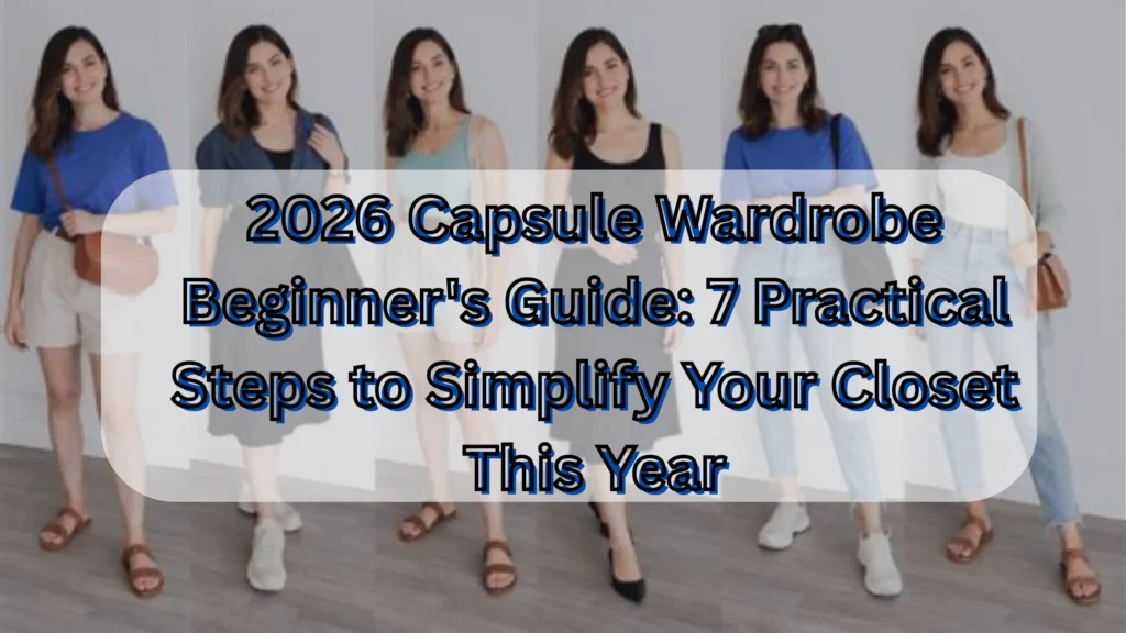 Pinterest pin titled "2026 Capsule Wardrobe Beginner's Guide 7 Practical Steps to Simplify Your Closet This Year.webp". The image shows a woman demonstrating various outfit combinations, from casual shorts and tees to skirts and jeans, highlighting the versatility of a curated collection. This pin serves as a beginner's guide for women's fashion, outlining seven practical steps to simplify your closet and build a functional Capsule Wardrobe for 2026.