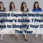 Pinterest pin titled "2026 Capsule Wardrobe Beginner's Guide 7 Practical Steps to Simplify Your Closet This Year.webp". The image shows a woman demonstrating various outfit combinations, from casual shorts and tees to skirts and jeans, highlighting the versatility of a curated collection. This pin serves as a beginner's guide for women's fashion, outlining seven practical steps to simplify your closet and build a functional Capsule Wardrobe for 2026.