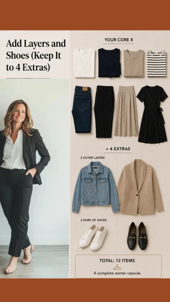 Women's fashion Pinterest pin titled "Add Layers and Shoes .webp". The image features a professional woman in a black blazer on the left. On the right, a curated selection of 12 items is displayed, showing a "Core 8" clothing collection plus 4 extras, including 2 outer layers and 2 pairs of shoes. This pin offers a practical, step-by-step approach to completing a versatile Capsule Wardrobe with minimal, high-quality pieces that work perfectly together.