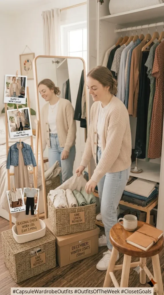 This Pinterest pin, titled "Bonus Seasonal Refresh.webp", depicts a woman organizing her clothing for the changing weather, highlighting the importance of a seasonal refresh for a Capsule Wardrobe in women's fashion. By swapping out seasonal items and maintaining a curated collection, you can keep your closet functional and aligned with your style goals all year round.
