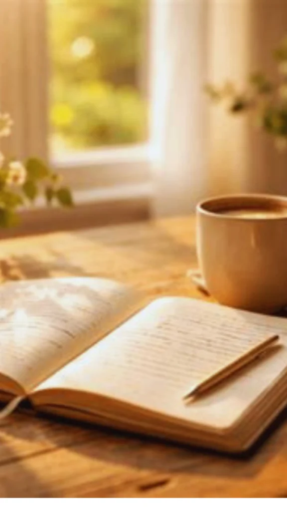 Pinterest pin titled "Build Around Your Real Life (Not Your Fantasy Life).webp". The image depicts a quiet, sunlit scene with an open notebook, a pen, and a cup of coffee resting on a wooden table, evoking a sense of reflection and intentional planning. This pin encourages women to adopt a Capsule Wardrobe that aligns with their actual daily needs and lifestyle rather than an idealized version of themselves, promoting practical, sustainable fashion choices.