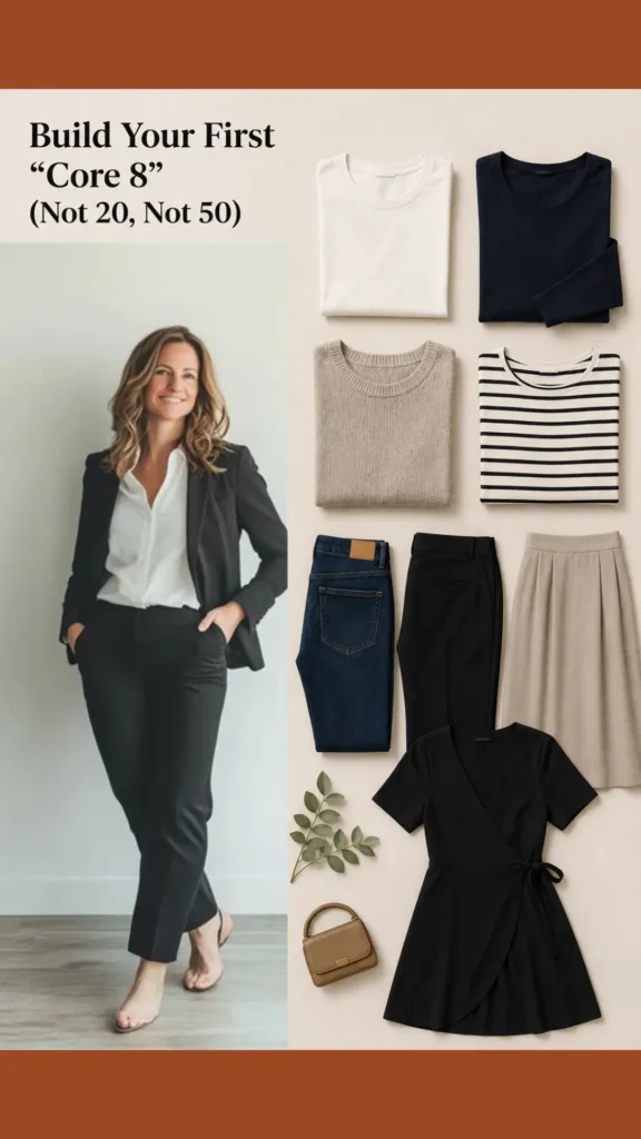 Women's fashion Pinterest pin titled "Build Your First “Core 8” (Not 20, Not 50).webp". The image shows a woman in professional attire next to a curated selection of eight essential clothing items including tops, jeans, a skirt, and a dress. This pin provides a practical guide for women to start building a minimal and versatile Capsule Wardrobe by focusing on just a few high-quality, mix-and-match pieces instead of an overwhelming collection.