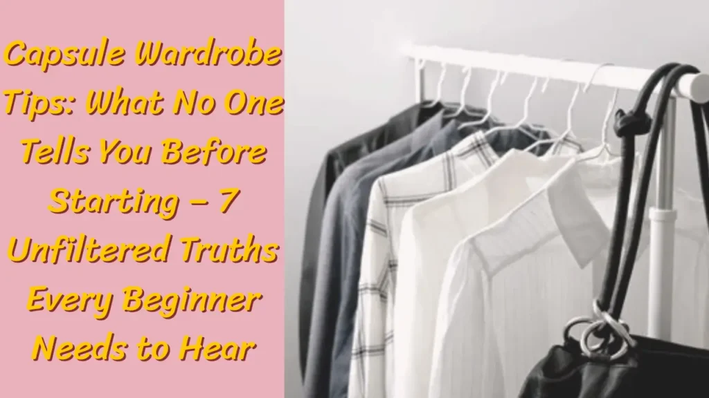 An infographic titled "_how to Create a Capsule Wardrobe from Scratch (2).jpg" to guide women's fashion. It explains a step-by-step process: 'DAY 1-7: THE TRIAL' shows illustrated women planning outfits, working, and walking with clothes racks. The 'WEEKLY REVIEW CHECKLIST' asks, "Which piece did I never reach for?" and "What did I wish I had?". The final step, 'REFINE & ADJUST', shows hands removing a yellow jacket and adding a shirt. Great tips for building a Capsule Wardrobe. lessloom.com.