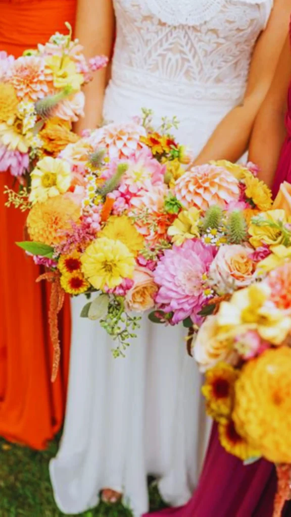 Pinterest pin titled "Choose Your Color Palette.webp". The image shows a vibrant, colorful floral arrangement held by people wearing bright, contrasting dresses, highlighting the impact of color in fashion. This pin provides guidance on how to select the perfect color palette for your Capsule Wardrobe, demonstrating how thoughtful color choices can enhance your women's fashion collection and bring cohesive, joyful energy to your everyday style.