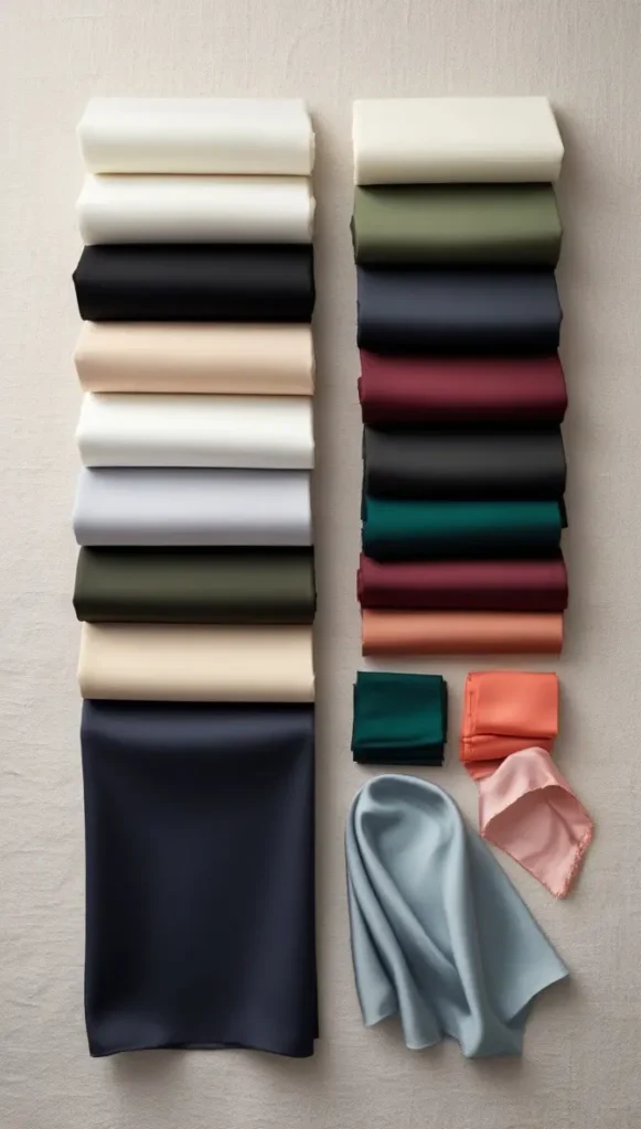 This Pinterest pin, titled "Choose a Color Palette That Works All Year.webp", features an organized flat lay of folded fabrics in various neutral and accent shades. This visual guide demonstrates how selecting a versatile color palette is key to building a functional Capsule Wardrobe for women's fashion. Curating these cohesive colors ensures effortless mixing and matching throughout every season.