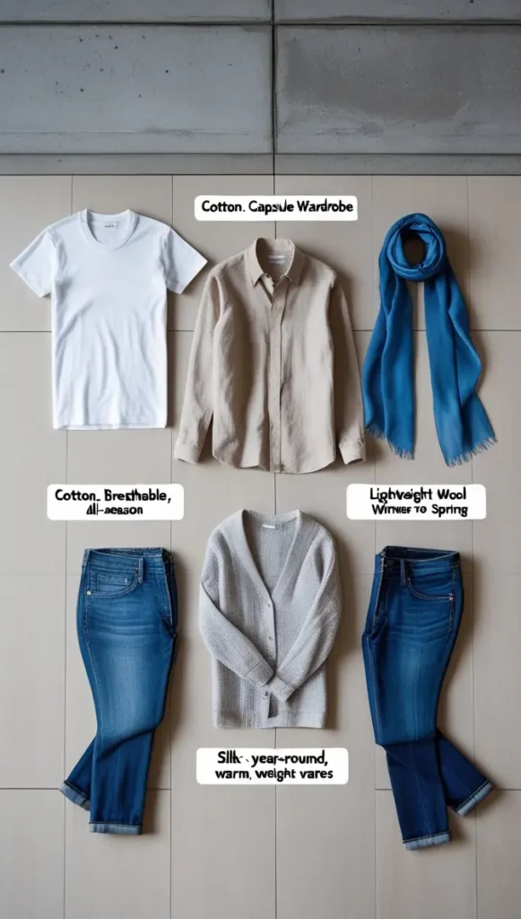 This Pinterest pin, titled "Fabrics That Work in Multiple Seasons.webp", highlights essential, versatile fabrics perfect for building a Capsule Wardrobe in women's fashion. The image features key pieces like cotton, lightweight wool, and silk, labeled with their seasonal benefits, showing how choosing the right materials helps you create a functional, long-lasting closet that transitions effortlessly throughout the entire year.