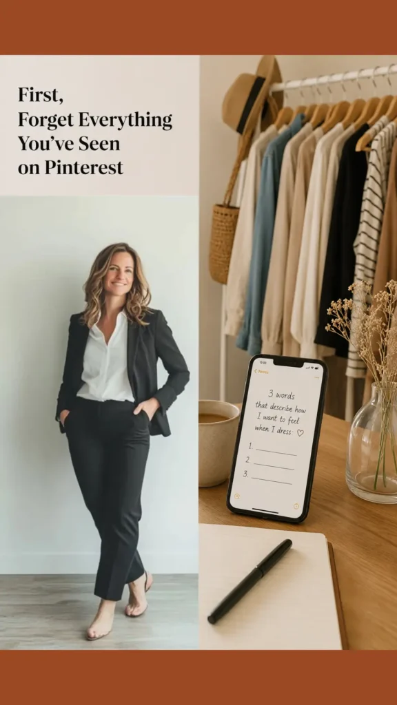 Women's fashion Pinterest pin titled "First, Forget Everything You’ve Seen on Pinterest.webp". The image features a woman in a professional black blazer and white shirt on the left. On the right, a phone displays a notes app with the prompt "3 words that describe how I want to feel when I dress." In the background, a clothing rack holds neutral-toned garments. This pin provides a unique, intentional starting point for building a personal and authentic Capsule Wardrobe.