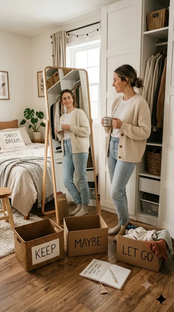 This Pinterest pin, titled "Friday Evening Prepare for Success.webp", captures a peaceful moment of a woman organizing her closet, with boxes labeled "Keep," "Maybe," and "Let Go" on the floor. It perfectly visualizes the intentional process of curating a Capsule Wardrobe for women's fashion. By decluttering and mindfully choosing essential pieces, she sets herself up for success, showing how a simplified, organized space can create a more effortless and stylish daily routine.