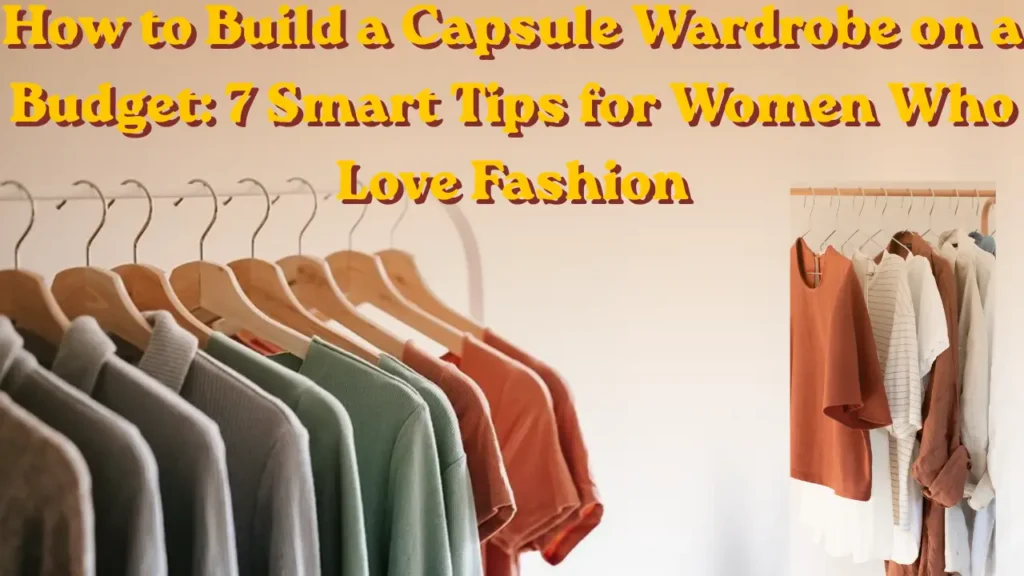 Women's fashion Pinterest pin titled "How to Build a Capsule Wardrobe on a Budget 7 Smart Tips for Women Who Love Fashion.webp". The banner shows bold yellow text at the top. The background features two clothing racks with minimalist outfits on wooden hangers. In the foreground, grey, sage green, and terracotta clothes are lined up. On the right, a smaller vertical insert shows a close-up of a rust-brown blouse, a striped tee, and linen shirts, highlighting affordable capsule wardrobe pieces.