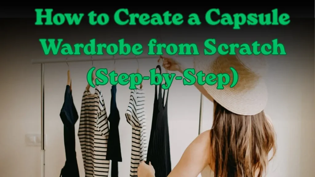 Women's fashion Pinterest pin titled "How to Create a Capsule Wardrobe from Scratch (Step-by-Step).webp". The image shows a woman wearing a straw hat, seen from behind, as she browses a clothing rack filled with essential pieces like a black dress and striped tops. The text overlay prominently displays the title, providing a helpful guide for those looking to curate a minimalist and versatile Capsule Wardrobe.