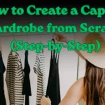 Women's fashion Pinterest pin titled "How to Create a Capsule Wardrobe from Scratch (Step-by-Step).webp". The image shows a woman wearing a straw hat, seen from behind, as she browses a clothing rack filled with essential pieces like a black dress and striped tops. The text overlay prominently displays the title, providing a helpful guide for those looking to curate a minimalist and versatile Capsule Wardrobe.