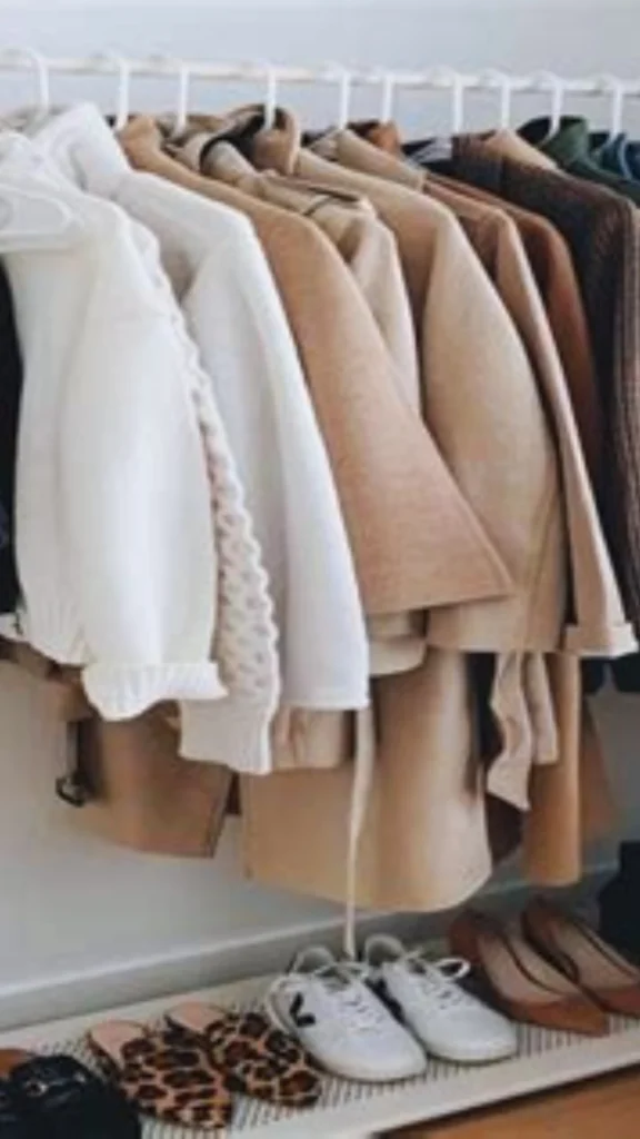 Pinterest pin titled "How to Start Building Your Own Capsule.webp". The image shows a neatly organized clothing rack filled with coordinated, neutral-toned sweaters, coats, and jackets, with a variety of stylish shoes placed on a shelf below. This pin provides practical steps and inspiration for women looking to simplify their style and create a functional Capsule Wardrobe. It highlights the beauty of a cohesive, minimalist collection that makes getting dressed every day easier.