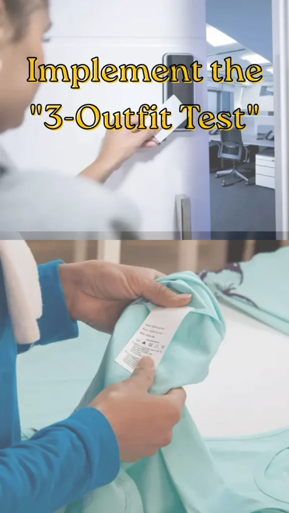 Women's fashion Pinterest pin from the file "Implement the 3-Outfit Test.webp". The top panel shows a woman tapping a keycard at an office door with text reading "Implement the '3-Outfit Test'". The bottom panel shows hands checking the fabric care label on a mint green clothing item. The image shared budget-friendly tips for building a versatile Capsule Wardrobe by testing if a new piece can create multiple outfits before purchasing.
