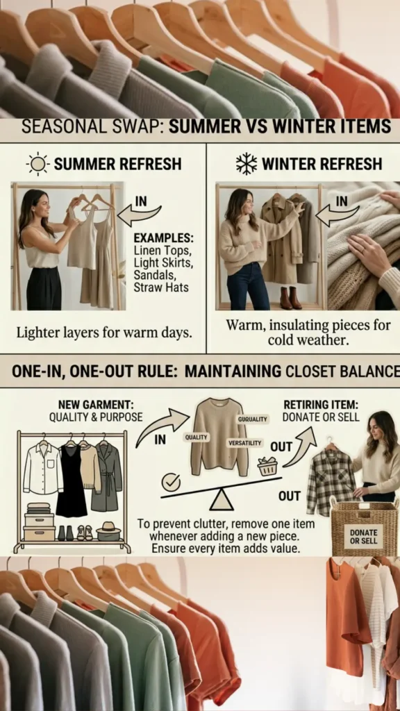 Women's fashion Pinterest pin titled "Keep It Alive With a Seasonal Refresh.webp". This infographic illustrates how to manage a Capsule Wardrobe through seasonal swaps, showing summer vs. winter items, and explains the "one-in, one-out" rule to maintain closet balance. It provides helpful tips for women on how to declutter, donate or sell retired items, and ensure every new piece adds quality and purpose to their collection.
