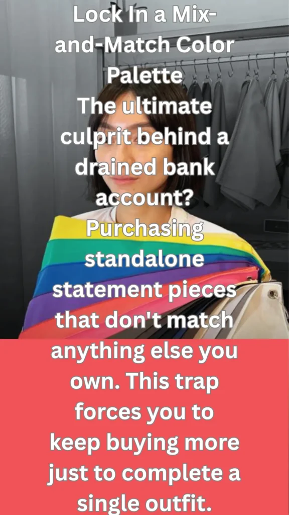 Women's fashion Pinterest pin from the file "Lock In a Mix-and-Match Color Palette The ultimate culprit behind a drained bank account Purchasing standalone statement pieces that don't match anything else you own. .webp". The image shows a woman holding a large, bright rainbow color swatch fan across her chest. Large white text overlays the scene, discussing budget tips for building a Capsule Wardrobe by locking in a cohesive color palette to avoid buying mismatched pieces.