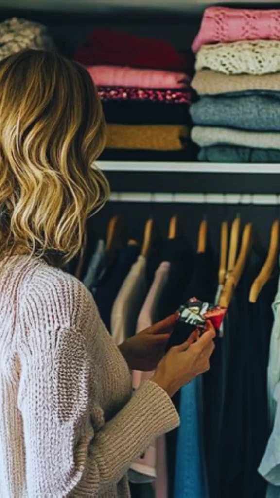 Pinterest pin titled "Maintain With a Seasonal Refresh.webp". The image features a woman in a cozy sweater organizing her closet, which is filled with neatly folded garments on shelves and clothes hanging on wooden hangers. This pin provides practical advice on how to maintain a Capsule Wardrobe through a seasonal refresh, demonstrating how to keep your women's fashion collection organized, functional, and perfectly suited for the changing weather throughout the year.