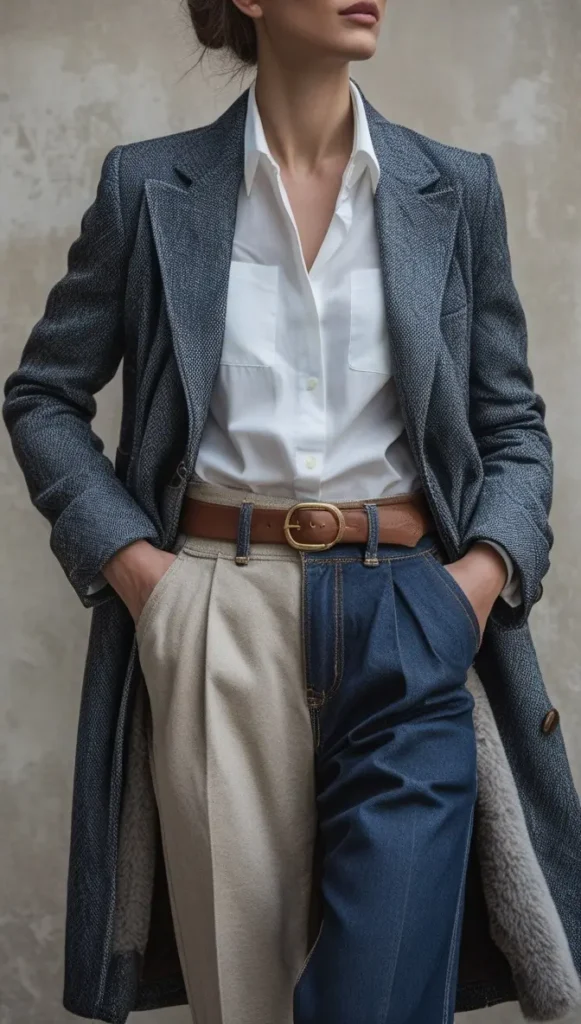 This Pinterest pin, titled "Master the Art of Mixing Textures.webp", showcases a stylish woman wearing a structured grey blazer, a crisp white shirt, and dual-tone pants, demonstrating how to mix fabrics and textures for a sophisticated look. This approach is an essential styling technique for elevating your Capsule Wardrobe in women's fashion, showing how diverse materials can make minimal outfits feel intentional, polished, and uniquely layered.