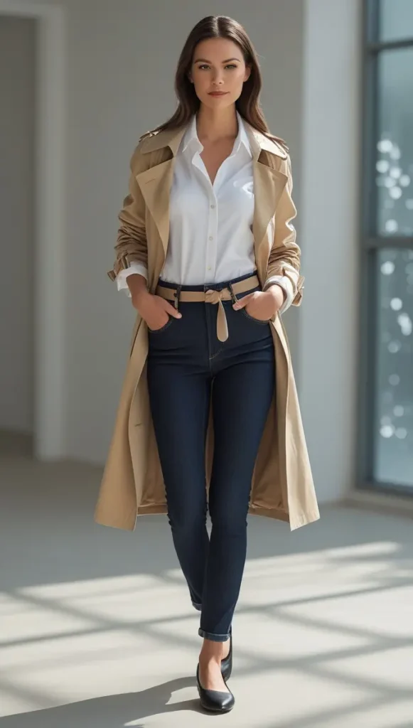 This Pinterest pin, titled "O The 20% Seasonal Swap Ruleutfit Formulas That Work in Any Season.webp", features a woman modeling a timeless, polished outfit consisting of a white button-down shirt, dark denim jeans, and a classic beige trench coat. This look exemplifies how utilizing simple, versatile outfit formulas is a cornerstone of building a functional Capsule Wardrobe in women's fashion. By mastering these core combinations, you can create effortless, stylish looks all year round.