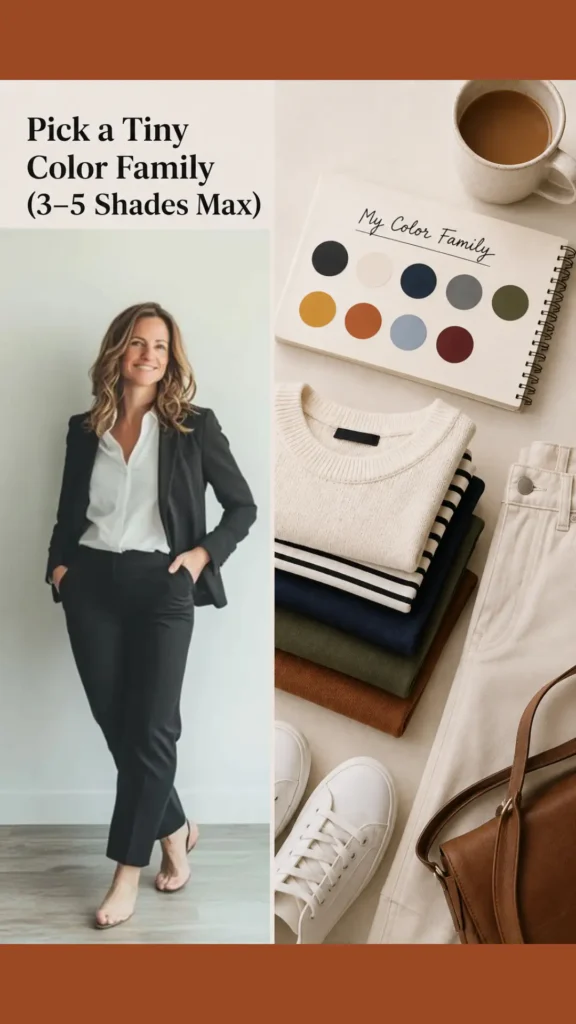 Women's fashion Pinterest pin titled "Pick a Tiny Color Family.webp". The image displays a woman in professional attire next to a notebook showing a color palette and a stack of neutral-toned clothing. This pin offers practical advice for women on selecting a small color family to build a cohesive and stylish Capsule Wardrobe.