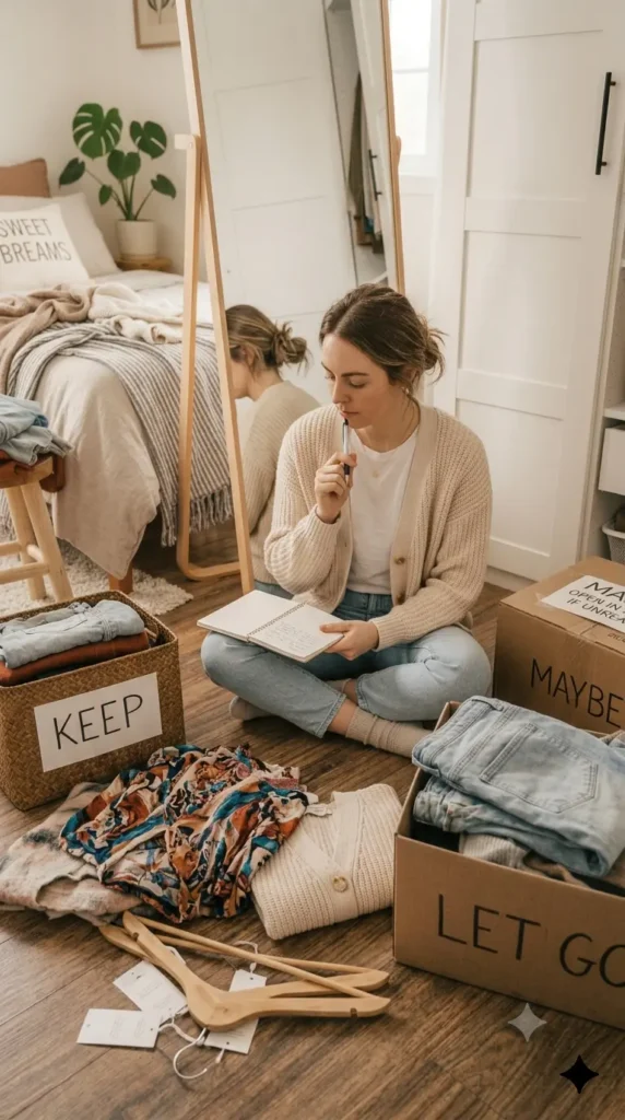 This Pinterest pin, titled "Saturday Afternoon Get Honest About Your Real Life.webp", features a woman thoughtfully journaling amidst boxes labeled for sorting her clothing. It serves as a reflective guide for women's fashion, encouraging you to honestly assess your daily needs when building a Capsule Wardrobe. By aligning your closet with your authentic lifestyle, you can create a more intentional and stress-free wardrobe.