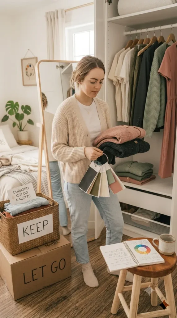 This Pinterest pin, titled "Saturday Evening Define Your Color Story.webp", shows a woman holding a color swatch palette while organizing her closet, emphasizing the importance of a curated color palette when building a Capsule Wardrobe for women's fashion. By defining a specific color story, you can create a more cohesive, versatile, and stylish collection of clothing that works harmoniously together.