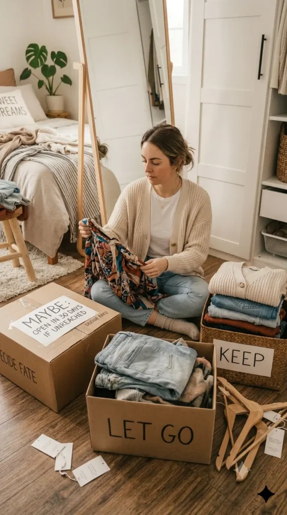 This Pinterest pin, titled "Saturday Midday The Three-Pile Sort.webp", features a woman sitting on her bedroom floor, methodically sorting her clothing into three boxes labeled "Keep," "Maybe," and "Let Go". This image serves as a practical, step-by-step guide for curating an intentional Capsule Wardrobe in women's fashion. It encourages mindful decision-making, helping you create a closet that is both functional and perfectly aligned with your personal style.