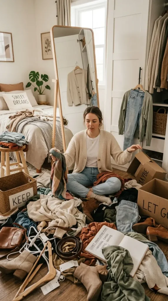 This Pinterest pin, titled "Saturday Morning The Great Closet Dump.webp", shows a woman surrounded by clothing and accessories in her bedroom, actively sorting through items with boxes labeled "Keep," "Maybe," and "Let Go." This image provides a practical look at the decluttering process essential for building a Capsule Wardrobe in women's fashion. It encourages a thoughtful, hands-on approach to curating a closet that is intentional, versatile, and perfectly suited to your personal style.