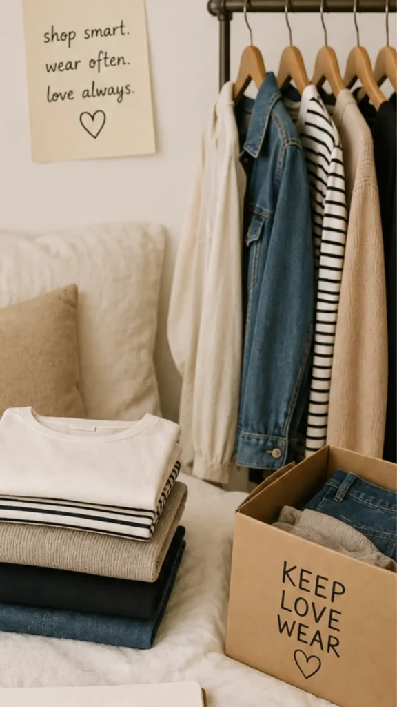Women's fashion Pinterest pin from the file "Shop From Your Own Closet Firs.webp". The image shows a cozy, organized space with clothes neatly folded in a stack and hanging on a rack. A cardboard box labeled "KEEP LOVE WEAR" sits nearby, and a sign on the wall reads "shop smart. wear often. love always." This pin offers a sustainable, budget-friendly tip for women to audit their existing garments before buying new pieces to curate a thoughtful and versatile Capsule Wardrobe.
