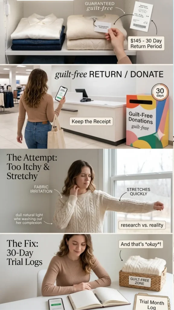 Women's fashion Pinterest pin titled "Some Pieces Will Disappoint You (And That's Okay).webp". The image shows a realistic approach to building a wardrobe, illustrating how to handle items that don't work out through guilt-free returns or donations. It highlights using 30-day trial logs to test clothing for fit and comfort. This pin provides practical, stress-free advice for women to refine their Capsule Wardrobe and accept that experimentation is a normal part of the process.