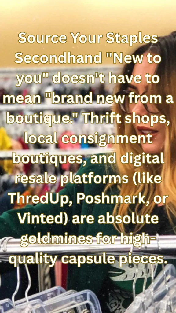 Women's fashion Pinterest pin from the file "Source Your Staples Secondhand.webp". A woman with glasses browses through clothing racks at a thrift shop. Large text overlays the image, encouraging readers to shop secondhand at thrift stores, consignment boutiques, and digital platforms like ThredUp, Poshmark, or Vinted to find high-quality pieces for a budget-friendly Capsule Wardrobe.