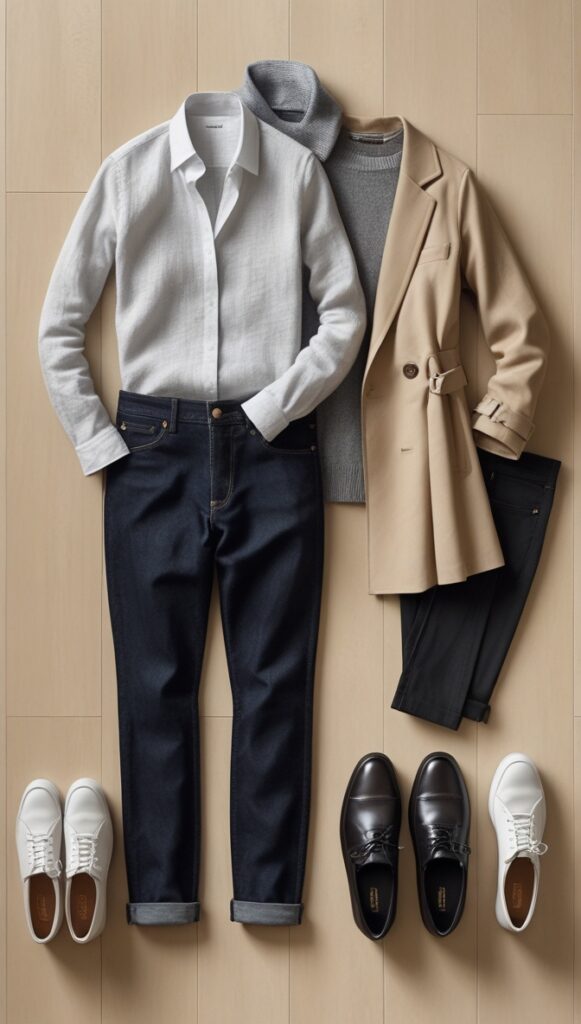 This Pinterest pin, titled "Start With Your Non-Negotiable Basics.jpg," displays a flat lay of essential women's fashion items, including a white button-down shirt, a grey sweater, a beige trench coat, dark denim jeans, black trousers, and various pairs of shoes. This collection serves as a foundational guide for building a Capsule Wardrobe, emphasizing the importance of starting with timeless, versatile pieces to create an effortless and stylish daily rotation.