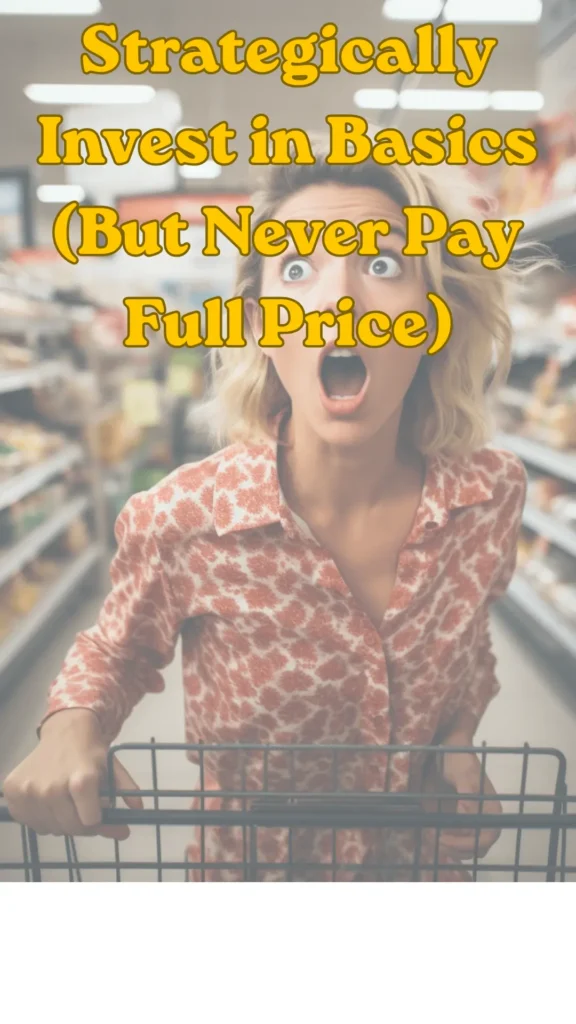 Women's fashion Pinterest pin from the file "Strategically Invest in Basics (But Never Pay Full Price).webp". The image shows a blonde woman looking shocked with wide eyes and an open mouth while holding a shopping cart inside a store. Bold yellow text overlays the image reading "Strategically Invest in Basics (But Never Pay Full Price)", providing smart budget tips for women on how to save money when building a high-quality Capsule Wardrobe.