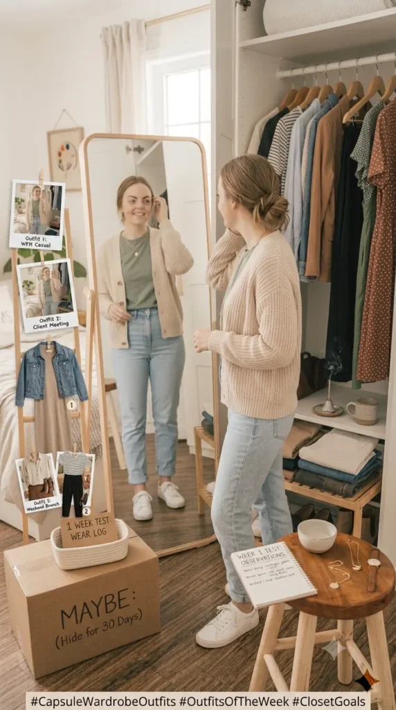 This Pinterest pin, titled "Sunday Evening The One-Week Test.webp," features a woman reviewing her outfits in a mirror, with a "1 Week Test: Wear Log" and observations notebook on a stool nearby. This image offers a practical approach to refining a Capsule Wardrobe for women's fashion by tracking daily wear to identify true essentials. It encourages intentionality, helping you build a more functional, loved closet.