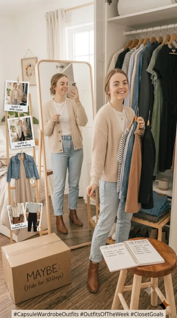 This Pinterest pin, titled "Sunday Midday Create Outfit Combinations.webp", features a woman showing off multiple stylish looks created from a limited set of clothing. It serves as an inspiring guide for women's fashion, demonstrating how to maximize your Capsule Wardrobe by mixing and matching versatile pieces. By creating various outfit combinations, you can enjoy a simplified, stylish closet that makes getting dressed effortless.
